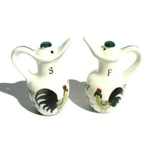 Vtg Japan Ceramic Salt N Pepper Shakers Set Bottle Cruet Chicken Rooster Motif